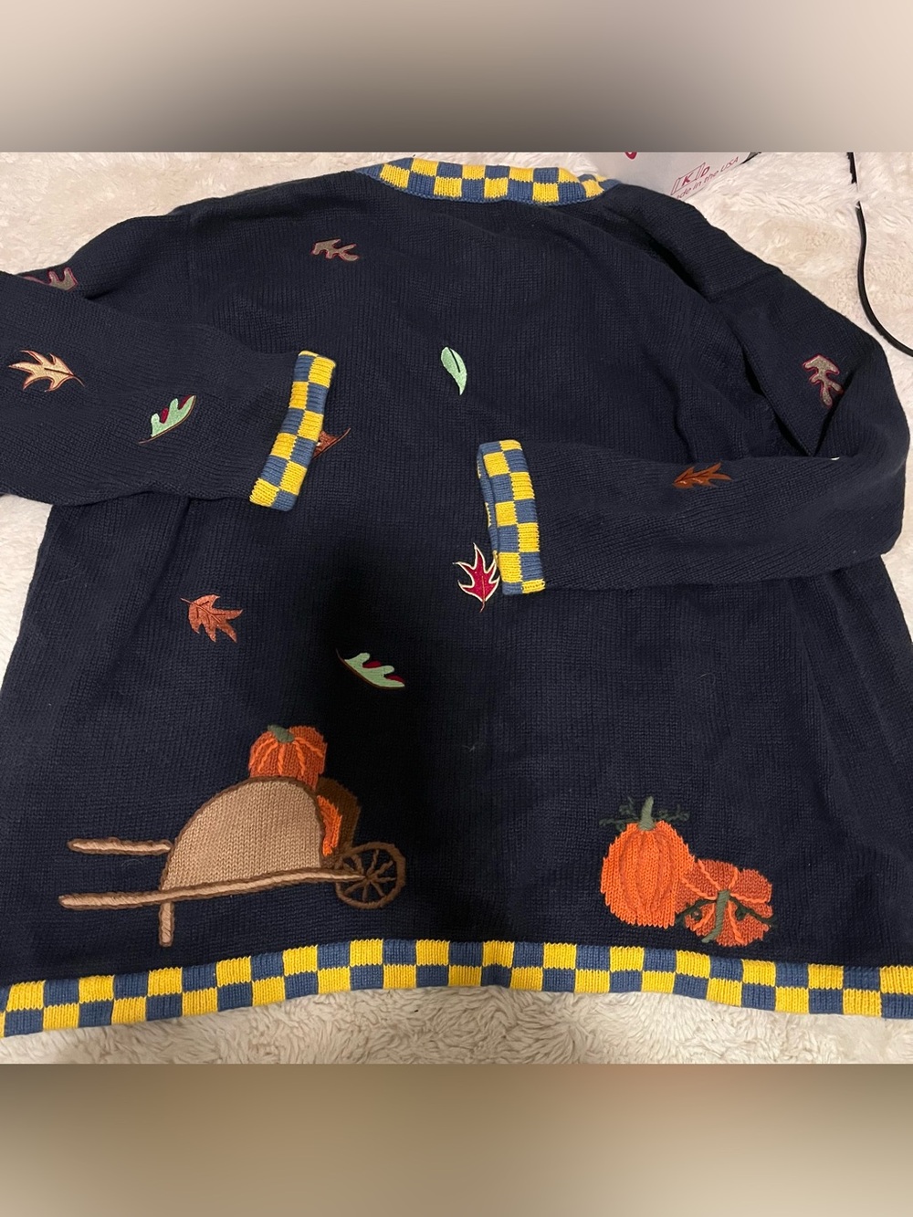 VTG Quacker Factory Cardigan Navy Blue Fall Harvest Scarecrow Turkey Womens - Picture 4 of 4